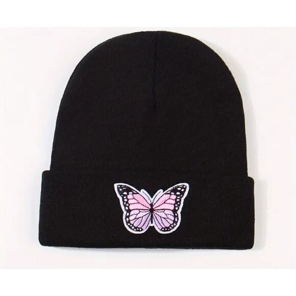 New!  Black Pink and Purple Butterfly Beanie Stocking Cap Hat - Picture 1 of 1